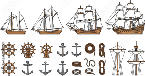 Foto Vintage Wooden Sailing Ships and Nautical Equipment Vector Set Featuring Histori