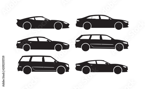 Foto Set of modern car silhouettes featuring wagons and sports coupes for automotive graphics
