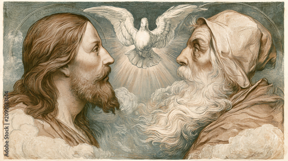 Obraz premium Two figures represent Jesus and God the Father. A dove symbolizes the Holy Spirit. Rays of light shine from behind the dove in a religious scene