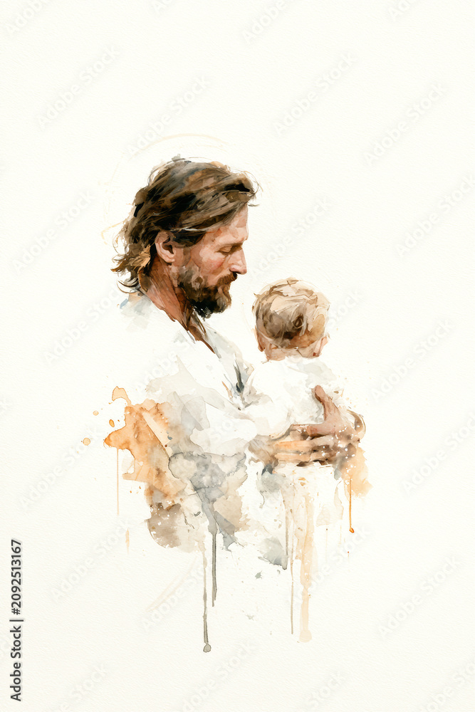 Obraz premium Jesus holds a baby in his arms, showing a moment of love and care. The setting is simple, reflecting a time of warmth and family