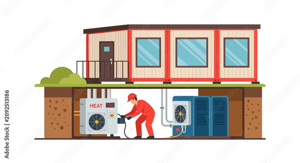 Fototapeta premium HVAC Maintenance for Modular Home: Technician Servicing Underground Heating and Cooling Units. Flat Vector Illustration of Climate Control Infrastructure and Energy Efficiency.