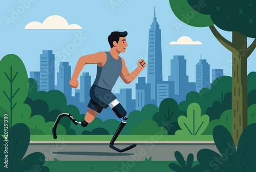 Disabled male athlete with running prostheses jogs through a scenic green city park with skyscrapers in the background.