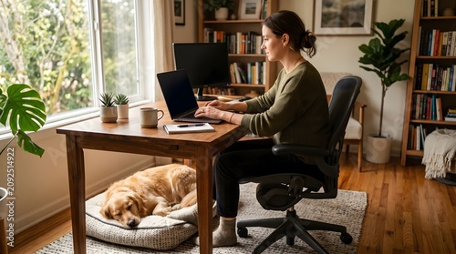 Remote work at home with a pet cat