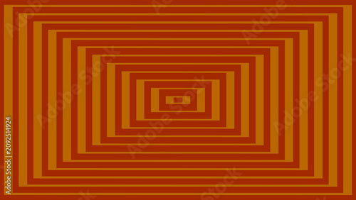 Abstract dark orange background featuring layered concentric rectangles in alternating orange and reddish tones, creating a bold geometric tunnel effect with symmetry and a retro optical appearance.