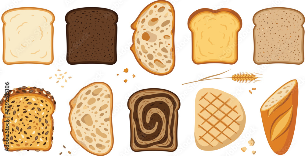 Фотография Bread Slice Variety Vector Collection Featuring White, Whole Wheat, Multigrain,