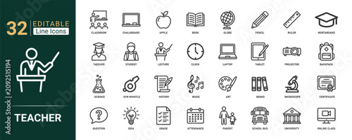 Teacher and classroom icon set, 32 outline symbols showing lecture, chalkboard, student and school supplies for education and teaching symbol vector.