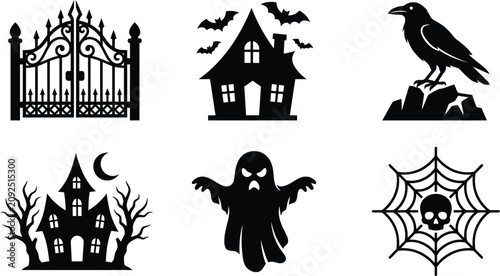Bild auf Leinwand Halloween icons set including haunted house ghost gate crow spider web and bats