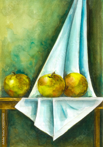Watercolor still life painting of three yellow green apples on wooden table with white cloth, original hand-painted fine art.
