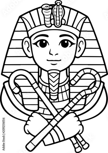 Le roi égyptien Toutankhamon, illustration dessinée à la main, style cartoon, à colorier pour les enfants