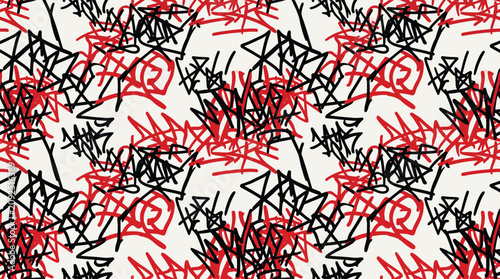 Abstract Black and Red Scribble Pattern Vector | Chaos Hand Drawn Graffiti Street Art | Old School Punk Seamless Texture | Edgy Grunge Design for T-Shirt and Textile