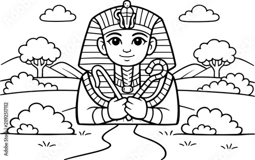 Le roi égyptien Toutankhamon, illustration dessinée à la main, style cartoon, à colorier pour les enfants