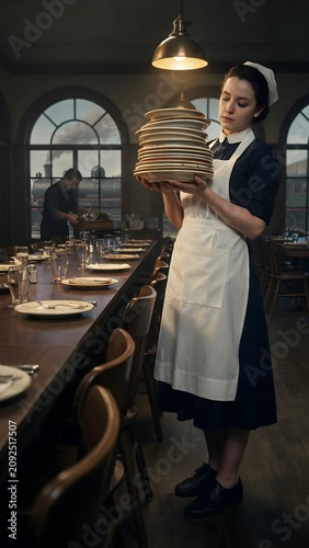 Female waitress in uniform carrying stacked plates in elegant restaurant setting