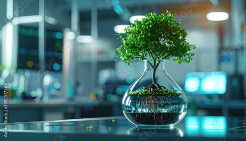 Tree in glass vase on table.