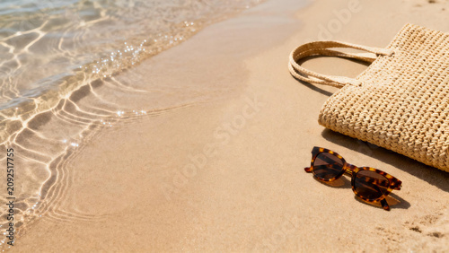 Minimalist Straw Bag and Sunglasses on Beach Sand