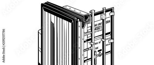 Close-up illustration of shipping container door hinges and locking mechanism
