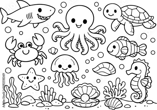 Illustration de la vie marine, aquarium, dessin au trait dessiné à la main, coloriage pour enfants