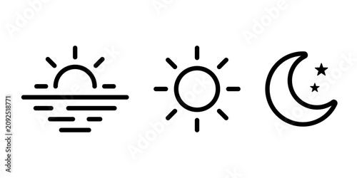 Day and night cycle icon set with morning sunrise, noon sun, evening sunset and night moon with star