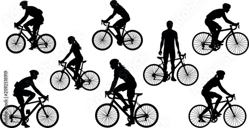 Foto Cyclist silhouettes vector set, bicycle riders black shapes collection isolated