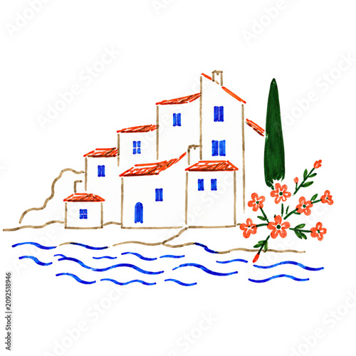 Mediterranean Coastal Village Summer Travel Illustration for European Seaside Designs