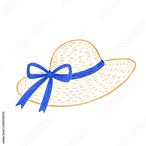 Straw Sun Hat with Blue Ribbon Summer Beach Fashion Illustration for Vacation Designs