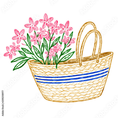 Straw Basket with Pink Flowers Summer Garden Illustration for Cottage and Mediterranean Designs