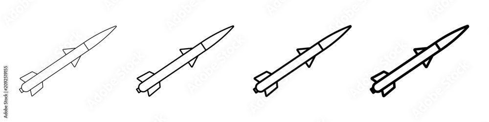 Obraz premium Missile rocket icon set for air defense system, different line weight strokes, isolated on white background