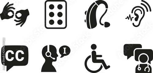 Art & IllustrationDisability accessibility and inclusion black silhouette vector icons set isolated on white background featuring sign language braille wheelchair hearing aid interpreter symbols