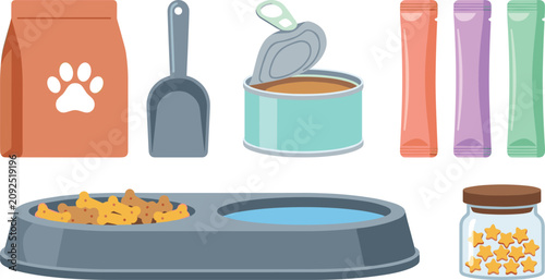 Pet Feeding Essentials Vector Collection Featuring Food Bag, Wet Food Can, Feeding Bowl, Treat Sticks, Snack Jar, Scoop, and Pet Nutrition Accessories
