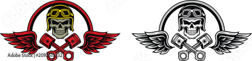 Foto Two striking skull emblems with winged helmets and crossed pistons, one in vibra