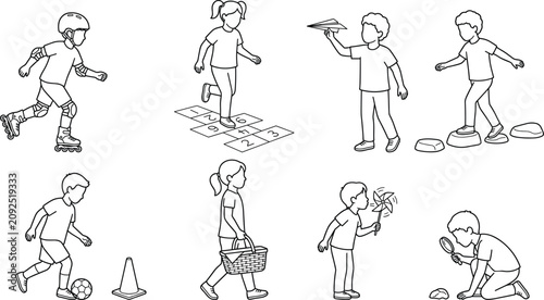 Canvas Print Set of children engaged in various outdoor recreational activities, sports, and