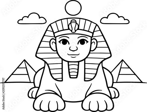 Sphinx de Gizeh et pyramides d'Égypte : illustration dessinée à la main, style dessin au trait, à colorier pour enfants