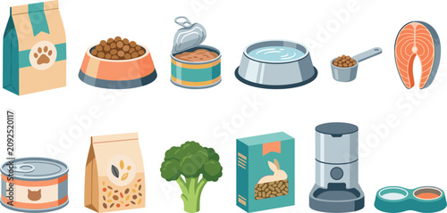 Pet Food and Feeding Supplies Vector Collection Featuring Dry Kibble, Wet Food, Salmon, Broccoli, Water Bowl, Automatic Feeder, Measuring Scoop, and Pet Nutrition