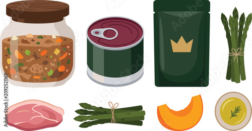 Pet Food Ingredients Vector Collection Featuring Wet Food, Canned Meat, Vacuum Sealed Package, Asparagus, Pumpkin, Pork, Herb Sauce, and Fresh Vegetables
