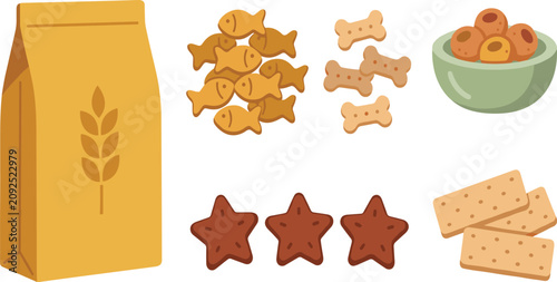 Tableau sur toile Pet Treats Vector Collection Featuring Fish Biscuits, Bone Cookies, Crunchy Kibb