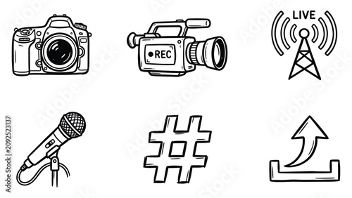 Hand drawn media icons set with camera microphone and live
