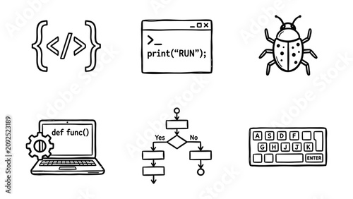 Hand drawn software development and coding icon set