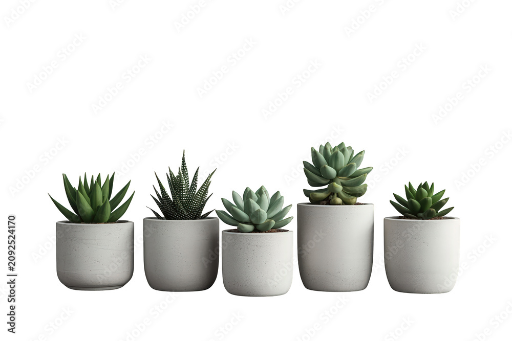 Fototapeta premium Row of various succulents and cacti houseplants in white ceramic pots, offering minimalist aesthetic and natural decor on a transparent background