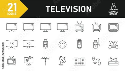 Television line icon set. Set of 21 outline icons related to television, retro TV, remote, broadcast tower, cable and others. Editable stroke. Vector illustration.