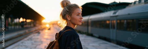 Young woman with backpack on a train platform at sunset profile portrait for travel banner and wallpaper design