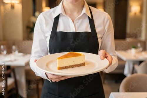 Waitress holding plate with Sernik topped with caramel. Cozy restaurant setting with warm lighting. Concept of baked cheesecake with twarog vanilla crust and delicious dessert experience.