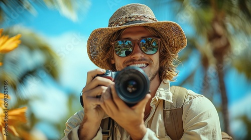 Smiling man with long hair and hat takes photos with a camera among palm trees on a sunny day