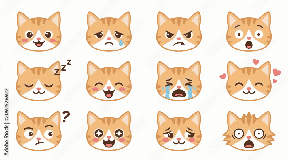 Fototapeta premium Cute Cat Head Expression Flat Vector Illustration