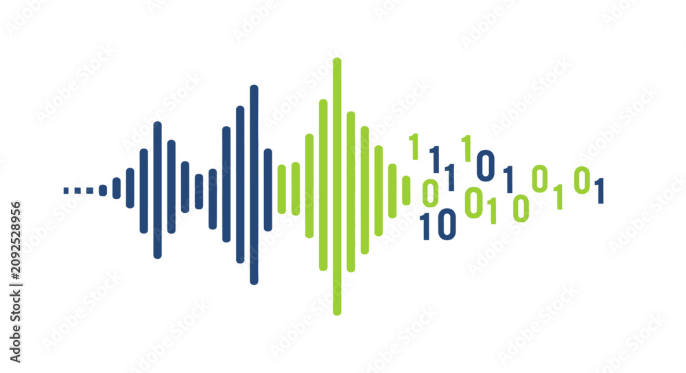 Obraz premium Digital Sound Wave Conversion to Binary Code Data Visualization, Audio Signal Processing and Voice AI Technology Icon