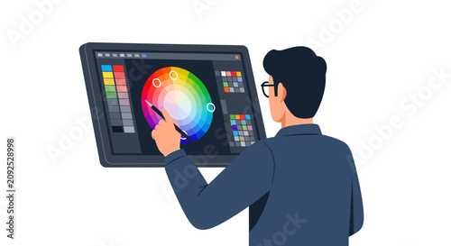 Digital Artist Using Graphics Tablet and Stylus to Select Colors from a Color Wheel Interface, Professional Graphic Design Concept Illustration on White Background