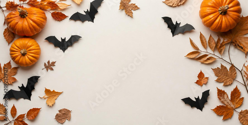Autumnal Halloween Composition with Pumpkins, Paper Bats, and Dry Leaves on Neutral Background for Seasonal Decoration