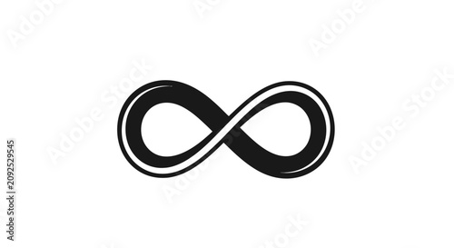 Black infinity symbol with white highlights on white background with highlights set against stylized black mathematical minimalist abstract with design