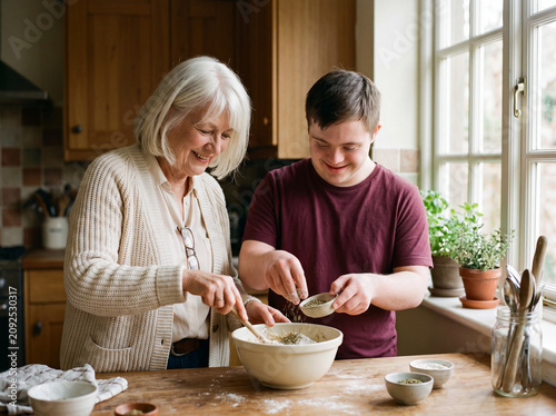 Grandmother and young man with Down syndrome preparing homemade dough together in the kitchen, sharing joyful moments and building everyday life skills