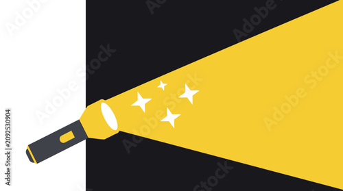 Schilderij op canvas A flashlight shines stars on a dark background with a yellow beam
