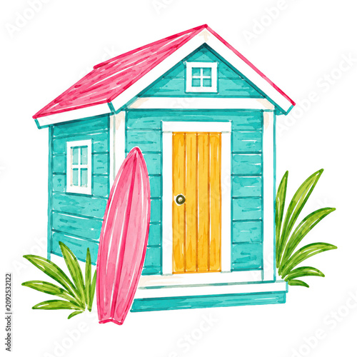 Colorful Beach Hut with Surfboard Coastal Summer Illustration for Tropical Vacation Designs