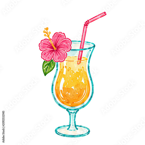 Tropical Orange Cocktail with Hibiscus Summer Drink Illustration for Beach Vacation Designs